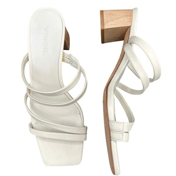VINCE Wood Heel Sandals Women's 5 White Leather Slip-On Y2K Strappy Block Kitten - Picture 1 of 10